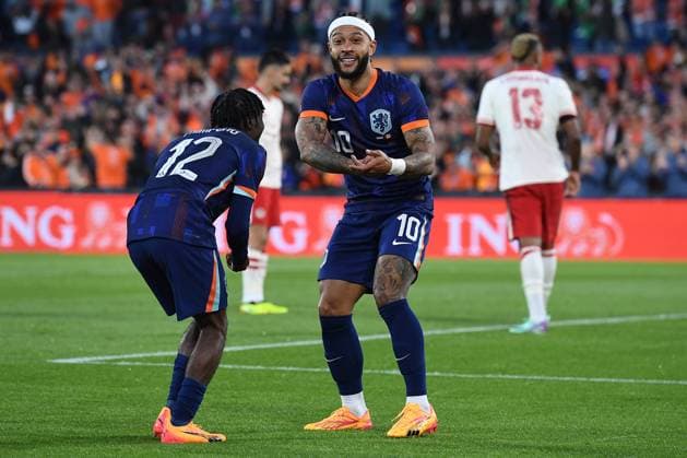 International soccer match Netherlands Canada on 06 06 2024 at Feyenoord Stadium in Rotterdam Goal celebration for 1 0 by Memphis Depay Netherlands xRx