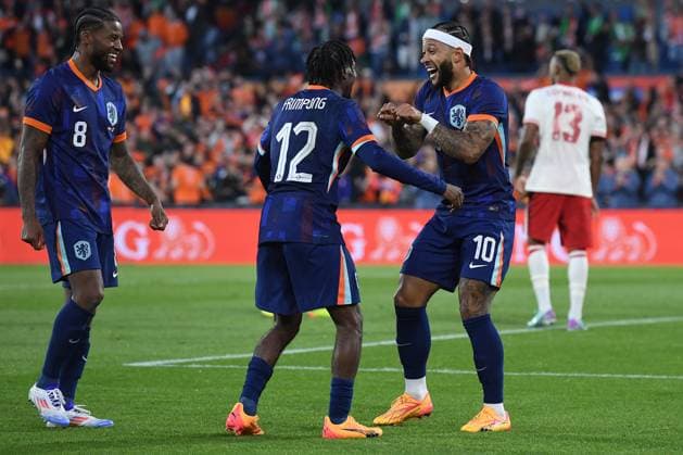 International soccer match Netherlands Canada on 06 06 2024 at Feyenoord Stadium in Rotterdam Goal celebration for 1 0 by Memphis Depay Netherlands xRx