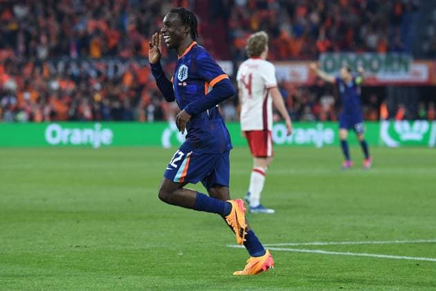 International soccer match Netherlands Canada on 06 06 2024 at Feyenoord Stadium in Rotterdam Goal celebration to 2 0 by Jeremie Frimpong Netherlands xRx