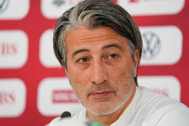 St Gallen, Switzerland Press conference of the Swiss national team with national team coach Murat Yakin and national player Ruben Vergas before the last test match against Austria Uefa Euro 2024, soccer, international match, media conference, PK, Kybunpark Copyright: xJoeranxSteinsiekx