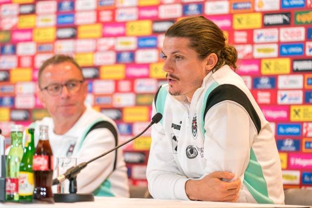 SOCCER - SUI vs AUT, test match VIENNA,AUSTRIA,07.JUN.24 - SOCCER - OEFB International Friendly, Länderspiel, Nationalmannschaft match, Switzerland vs Austria, preview, press conference, PK, Pressekonferenz Team AUT. Image shows head coach Ralf Rangnick (AUT) and Marcel Sabitzer (AUT). GEPAxpictures xJohannesxFriedl