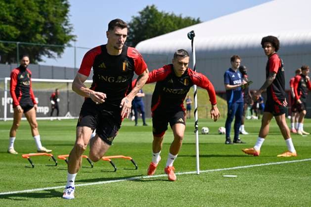 Media Activities of the Belgian National Football team - 20240607 TUBIZE, BELGIUM - JUNE 07 : Meunier Thomas defender of Belgium and Trossard Leandro forward of Belgium during a training session prior to the UEFA EURO, EM, Europameisterschaft,Fussball 2024 European Football Championship at the Belgian National Football center on June 07, 2024 in Tubize, Belgium, 07 06 2024 Tubize Belgium  Copyright: xPeterxDexVoechtx