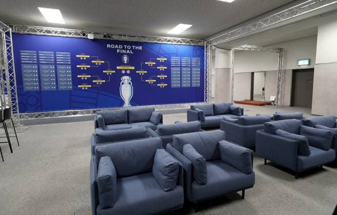 Interior view press conference room media center press center timetable of EM Media Day Olympiastadion Berlin in preparation Sport Football Soccer Euro 2024 European Championship EM Men Season 2023 2024 07 06 2024 DFL regulations prohibit any use of photographs as image sequences and or quasi video
