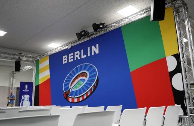 Interior view press conference room Media Center Press Center of the European Championship Media Day Olympiastadion Berlin in preparation Sport Football Soccer Euro 2024 European Championship European Championship Men Season 2023 2024 07 06 2024 DFL regulations prohibit any use of photographs as image sequences and or quasi video