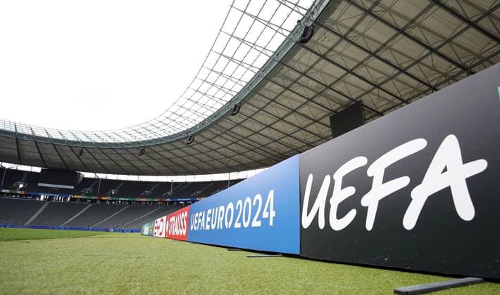 Stadium interior Playing field Overview Media Day Olympiastadion Berlin in preparation Sport Football Soccer Euro 2024 European Championship European Championship Men Season 2023 2024 07 06 2024 DFL regulations prohibit any use of photographs as image sequences and or quasi video