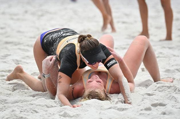 Barbora Hermannova (kneeling), Marie-Sara Stochlova (CZE) celebrate victory in the Pro Tour Ostrava match Marie-Sara Stochlova and Barbora Hermannova of Czech Republic vs Joana Verge-Depre and Anouk Mader of Switzerland, Ostrava, Czech Republic, June 7, 2024. (CTKxPhoto JaroslavxOzana) CTKPhotoP2024060703361  CTKPhotoP2024060703361