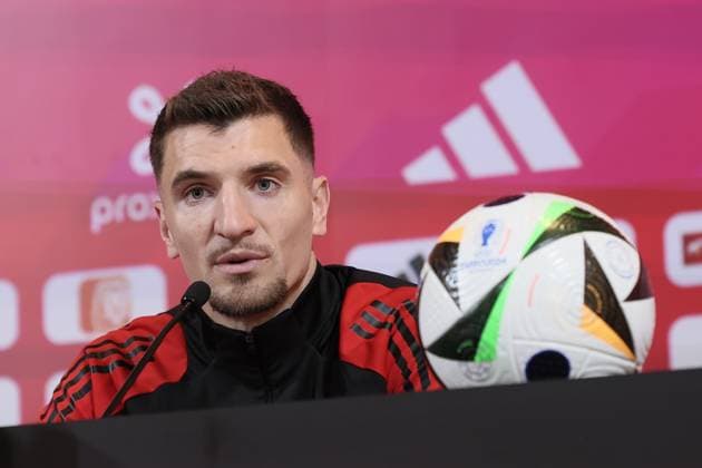 Belgium s Thomas Meunier pictured during a press conference, PK, Pressekonferenz of the Belgian national soccer team Red Devils, at the Royal Belgian Football Association s training center in Tubize, Friday 07 June 2024. The Red Devils are preparing for the Euro 2024 European Championships in Germany. BRUNOxFAHY  x94102330x