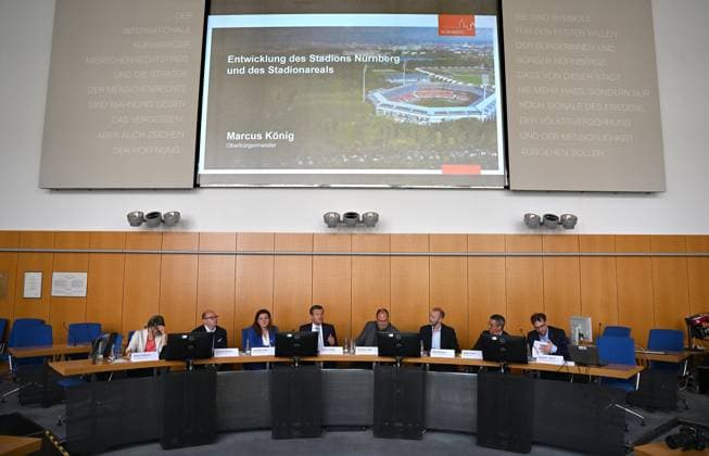 07 06 2024 Media event Press event of the City of Nuremberg 1 FC Nuremberg FCN Press conference Development of the stadium and the stadium area Max Morlock Stadium xwoxzix Panel from left Britta Walthelm Environmental Officer City of Nuremberg Thorsten Brehm City Treasurer City of Nuremberg Cornelia Trinkl Sports Officer City of Nuremberg Marcus König Lord Mayor City of Nuremberg Christian Vogel Mayor City of Nuremberg Niels Rossow Board Member Finance and Administration 1 FC Nuremberg FCN Stefan Heim Head of Sabs Office Stadium Development Board Member FCN Daniel F Ulrich Planning and Construction Officer City of Nuremberg