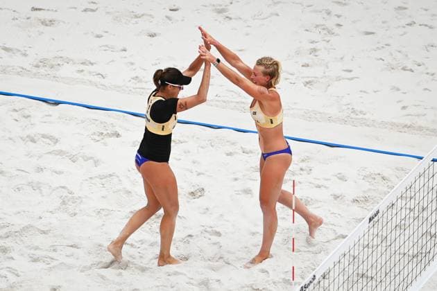 Barbora Hermannova (kneeling), Marie-Sara Stochlova (CZE) celebrate victory in the Pro Tour Ostrava match Marie-Sara Stochlova and Barbora Hermannova of Czech Republic vs Joana Verge-Depre and Anouk Mader of Switzerland, Ostrava, Czech Republic, June 7, 2024. (CTKxPhoto JaroslavxOzana) CTKPhotoP2024060704410  CTKPhotoP2024060704410