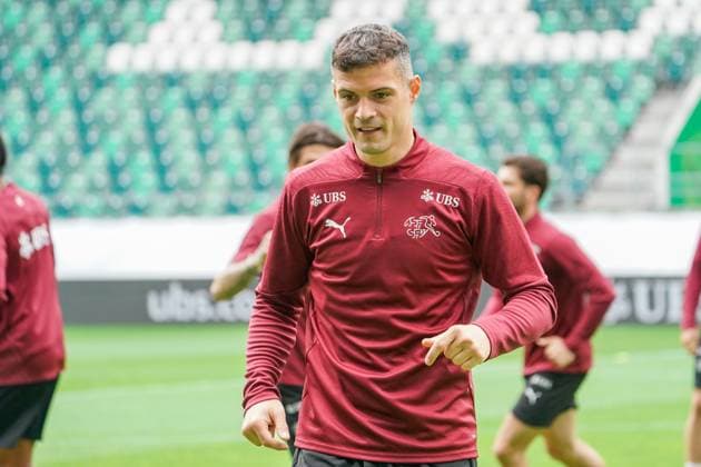Football St Gallen, Switzerland National team Switzerland training before the last test match against Austria at Kybunpark SUI, AUT, Friendly match, UEFA EURO 2024, Nati Suisse Granit Xhaka St Gallen Kybunpark Switzerland Copyright: xJoeranxSteinsiekx