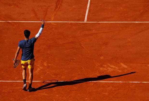 Carlos Alcaraz celebrates winning the fourth set French Open Tennis, Day 13, Tennis, Roland Garros, Paris, France - 07 June 2024  Copyright: xJavierxGarcia Shutterstockx 14523806ax
