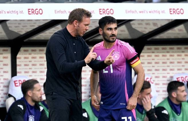 FOOTBALL EURO 2024 preparation test match in Moenchengladbach Germany Greece 07 06 2024 national coach Julian Nagelsmann left, Germany with Ilkay Guendogan right, Germany