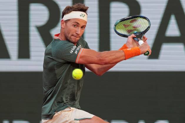 7th June 2024; Roland Garros, Paris, France; 2024 French Open Tennis tournament, Day 13; Casper Ruud (NOR) looks to cut the ball back to Alexander Zverev (GER) during the mens singles semi final  ActionPlus12651617 JonxBromley