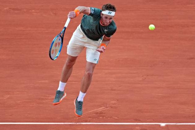 7th June 2024; Roland Garros, Paris, France; 2024 French Open Tennis tournament, Day 13; Casper Ruud (NOR) serves to Alexander Zverev (GER) during the mens singles semi-final match  ActionPlus12651643 JonxBromley