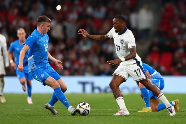 7th June 2024; Wembley Stadium, London, England; International Football Friendly, England versus Iceland; Isak Johannesson of Iceland intercepts the ball from Ivan Toney of England  ActionPlus12651755 ShaunxBrooks