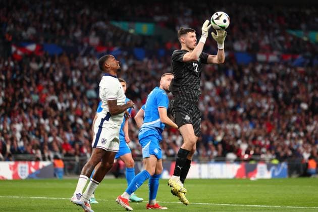 7th June 2024; Wembley Stadium, London, England; International Football Friendly, England versus Iceland; Hakon Valdimarsson of Iceland collects the crossed ball  ActionPlus12651775 ShaunxBrooks
