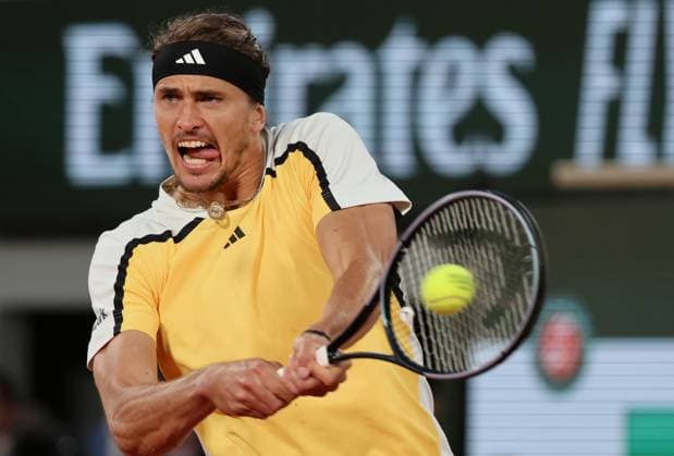 Alexender Zverev of Germany plays against Casper Ruud of Norway during their semi-final match at the French Tennis Open in Roland Garros in Paris, France, on Friday, June 7, 2024. Zverev won 6-2, 2-6, 6-4, 6-2 and qualified for the final.  PAR20240607155 MAYAxVIDON-WHITE