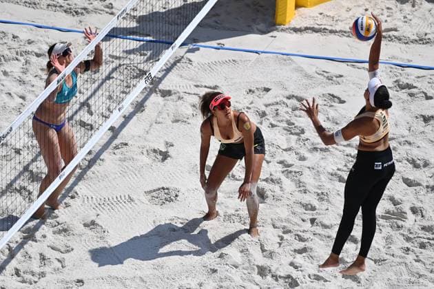 From left Czech Barbora Hermannova, Ana Patricia Silva Ramos, Eduarda Santos Lisboa, both of Brazil in action during the Pro Tour Ostrava match Barbora Hermannova, Marie-Sara Stochlova of Czech Republic vs Ana Patricia Silva Ramos, Eduarda Santos Lisboa (Duda Lisboa) of Brazil in Ostrava, Czech Republic, June 8, 2024. (CTKxPhoto JaroslavxOzana) CTKPhotoP2024060802196  CTKPhotoP2024060802196