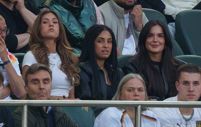 (L-R) Sophia Weber, girlfriend of Kai Havertz, Aaliyah Mohamed, girlfriend of Florian Wirtz, Nr. 17 DFB Luisa, wife of Jonathan Tah, DFB 4 in the friendly match GERMANY - GREECE 2-1 in preparation for European Championships 2024 on Jun 3, 2024 in Nürnberg, Germany.