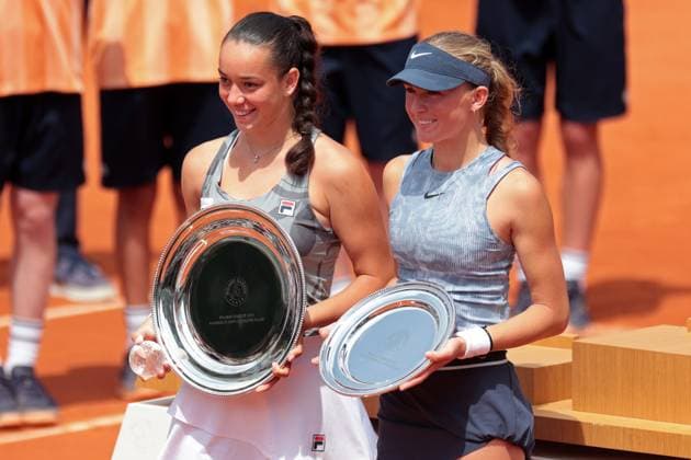 8th June 2024; Roland Garros, Paris, France; 2024 French Open Tennis tournament, Day 14; Winner Tereza Valentova (CZE) and Laura Samson (CZE) hold their trophies for the Women& x2019;s Junior Singles Competition  ActionPlus12652052 JonxBromley
