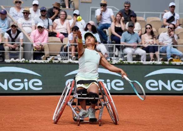 (240608) -- PARIS, June 8, 2024 -- Zhu Zhenzhen serves during the Women s Wheelchair Singles Final between Zhu Zhenzhen of China and Diede De Groot of the Netherlands at the French Open tennis tournament at Roland Garros in Paris, France, June 8, 2024. ) (SP)FRANCE-PARIS-TENNIS-FRENCH OPEN-WOMEN S WHEELCHAIR SINGLES GaoxJing 