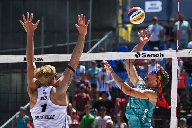 From left Steven van de Velde of Netherlands and Czech Jiri Sedlak in action during the Pro Tour Ostrava match Jakub Sepka, Jiri Sedlak of Czech Republic vs Steven van de Velde, Matthew Immers of Netherlands, Ostrava, Czech Republic, June 8, 2024. (CTKxPhoto JaroslavxOzana) CTKPhotoP2024060803126  CTKPhotoP2024060803126