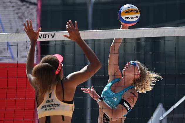 From left Ana Patricia Silva Ramos of Brazil and Czech Marie-Sara Stochlova in action during the Pro Tour Ostrava match Barbora Hermannova, Marie-Sara Stochlova of Czech Republic vs Ana Patricia Silva Ramos, Eduarda Santos Lisboa (Duda Lisboa) of Brazil in Ostrava, Czech Republic, June 8, 2024. (CTKxPhoto JaroslavxOzana) CTKPhotoP2024060803754  CTKPhotoP2024060803754