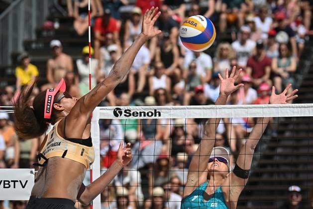 From leftAna Patricia Silva Ramos of Brazil and Czech Barbora Hermannova in action during the Pro Tour Ostrava match Barbora Hermannova, Marie-Sara Stochlova of Czech Republic vs Ana Patricia Silva Ramos, Eduarda Santos Lisboa (Duda Lisboa) of Brazil in Ostrava, Czech Republic, June 8, 2024. (CTKxPhoto JaroslavxOzana) CTKPhotoP2024060803882  CTKPhotoP2024060803882