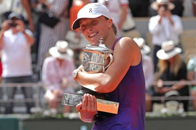 8th June 2024; Roland Garros, Paris, France; 2024 French Open Tennis tournament, Day 14; Iga Swiatek (POL) holds the Coupe Suzanne Lenglen after beating Jasmine Paolini (ITA) in the womens singles final  ActionPlus12652214 JonxBromley