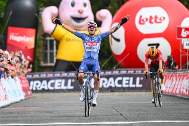 Sport Themen der Woche KW23 Sport Bilder des Tages Dwars door het Hageland 2024 DIEST, BELGIUM - JUNE 08 : Vermeersch Gianni (BEL) of Alpecin-Deceuninck celebrating his victory pictured during the Dwars door het Hageland cycling race (181 km) with start in Aarschot and finish in Diest. . on June 8, 2024 in Diest, Belgium, 08 06 2024 Diest Belgium  Copyright: xGvgx