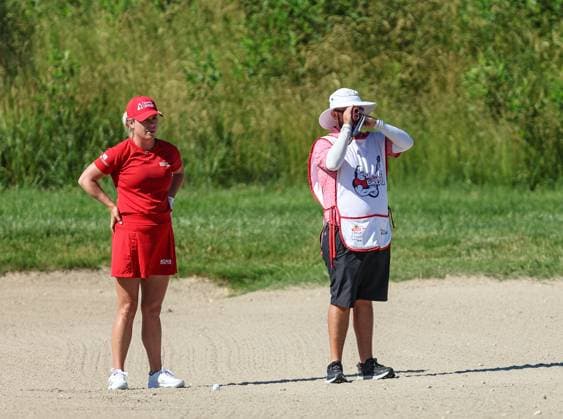 June 8, 2024: Dani Holmqvist of Sweden and her caddy check the yardage during the ShopRite LPGA, Golf Damen Classic in Galloway, NJ. CSM Galloway United States of America - ZUMAc04_ 20240608_zma_c04_030 Copyright: xMikexLangishx