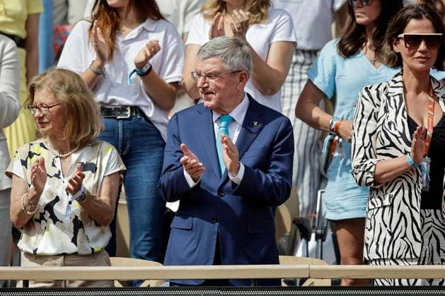 International Olympic Committee president Thomas Bach Oly C watches Iga Swiatek of Poland in action against Jasmine Paolini of Italy during the Women™s Singles Finals of 2024 French Open Day 14 at Roland Garros on June 8, 2024 in Paris, France Photo by JustPictures Paris Roland Garros France Copyright: x x2024xEurasiaxSportxImagesx jp-en-EuSpIm-AB4_Roland_Garros_08Jun2024_PR1326