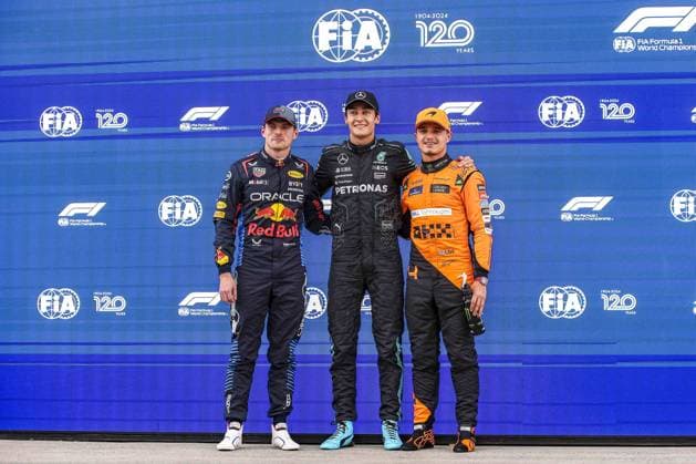 RUSSELL George (gbr), Mercedes AMG F1 Team W15, VERSTAPPEN Max (ned), Red Bull Racing RB20, NORRIS Lando (gbr), McLaren F1 Team MCL38, portrait during the Formula 1 AWS Grand Prix du Canada 2024, 9th round of the 2024 Formula One World Championship, WM, Weltmeisterschaft from June 07 to 09, 2024 on the Circuit Gilles Villeneuve, in MontrÃ al, Canada - F1 - CANADIAN GRAND PRIX 2024 DPPI Panoramic  240608_R09_CANADA_DP_EA015880