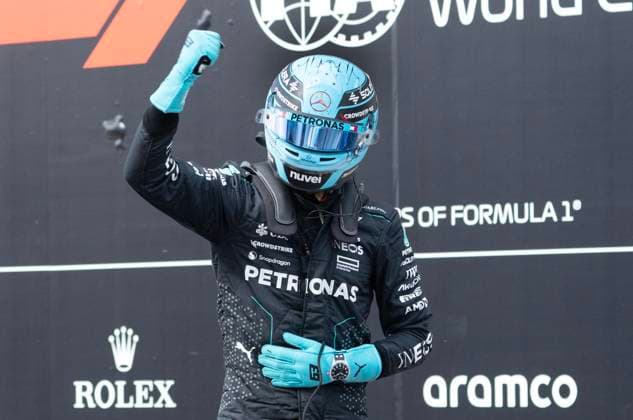 June 8, 2024, Montreal, Pq, Canada: Mercedes driver George Russell of Great Britain celebrates after taking the pole in the qualifying session at the Canadian Grand Prix Saturday, June 8, 2024 in Montreal. George Russell,  - ZUMAc35_ 20240608_zaf_c35_103 Copyright: xRyanxRemiorzx