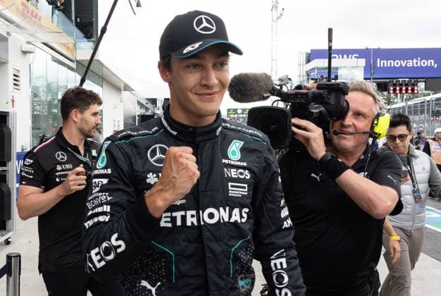 June 8, 2024, Montreal, Qc, CANADA: Mercedes driver George Russell of Great Britain celebrates after taking the pole position in qualifying session at the Canadian Grand Prix Saturday, June 8, 2024 in Montreal. Canada News - June 8, 2024  - ZUMAc35_ 20240608_zaf_c35_098 Copyright: xChristinnexMuschix