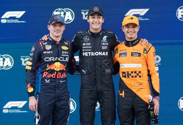 June 8, 2024, Montreal, Pq, Canada: Mercedes driver George Russell, of Great Britain, who won the pole is flanked by second place Red Bull Racing driver Max Verstappen, left, of the Netherlands, and third place McLaren driver Lando Norris, right, of Great Britain, as they pose for photos after the qualifying session at the Canadian Grand Prix Saturday, June 8, 2024 in Montreal. George Russell, Max Verstappen, Lando Norris,  - ZUMAc35_ 20240608_zaf_c35_114 Copyright: xRyanxRemiorzx