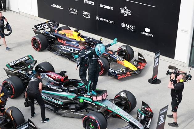 FORMULA 1 AWS GRAND PRIX DU CANADA 2024 08 06 2024, Circuit Gilles Villeneuve, Montreal, FORMULA 1 AWS GRAND PRIX DU CANADA 2024 , in the picture pole position for George Russell GBR , Mercedes AMG Petronas Formula One Team, 2nd starting position for Max Verstappen NLD , Oracle Red Bull Racing, 3rd starting position for Lando Norris GBR , McLaren F1 Team nordphotoxGmbHx xBratic nph00250