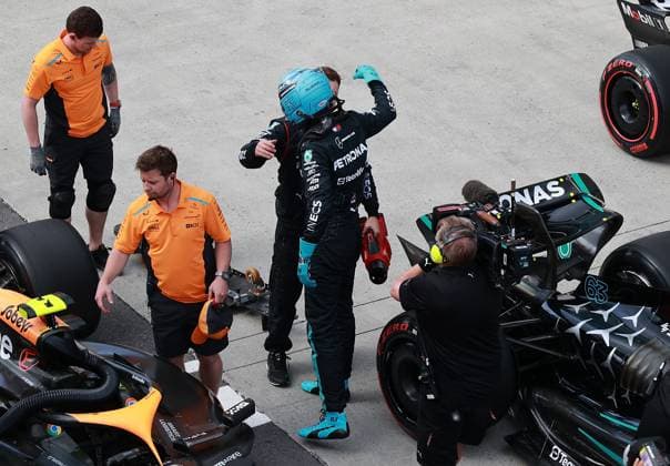 FORMULA 1 AWS GRAND PRIX DU CANADA 2024 08 06 2024, Circuit Gilles Villeneuve, Montreal, FORMULA 1 AWS GRAND PRIX DU CANADA 2024 , in the picture pole position for George Russell GBR , Mercedes AMG Petronas Formula One Team, 2nd starting position for Max Verstappen NLD , Oracle Red Bull Racing, 3rd starting position for Lando Norris GBR , McLaren F1 Team nordphotoxGmbHx xBratic nph00250