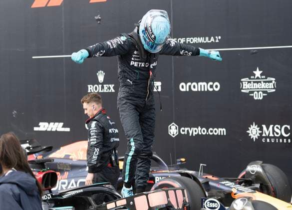 June 8, 2024, Montreal, Pq, Canada: Mercedes driver George Russell of Great Britain stands on his car after taking the pole in the qualifying session at the Canadian Grand Prix Saturday, June 8, 2024 in Montreal. George Russell,  - ZUMAc35_ 20240608_zaf_c35_145 Copyright: xRyanxRemiorzx