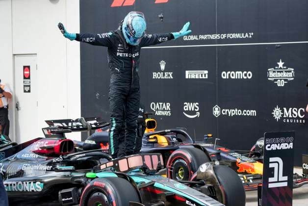 June 8, 2024, Montreal, Pq, Canada: Mercedes driver George Russell of Great Britain celebrates after winning the pole position for the Sunday race in the qualifying session at the Canadian Grand Prix Saturday, June 8, 2024 in Montreal. George Russel  - ZUMAc35_ 20240608_zaf_c35_154 Copyright: xPaulxChiassonx