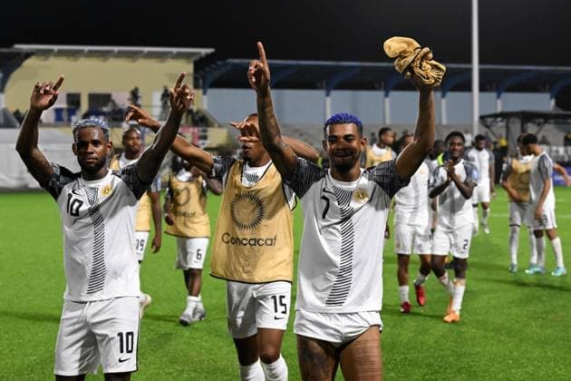 ORANJESTAD - (l-r) Leandro Bacuna of Curacao, Shannon Carmelia of Curacao, Juninho Bacuna of Curacao celebrate the victory during the World Cup qualifying Concacaf match between Aruba v Curacao at the Compleho Deportivo Guillermo Trinidad stadium on June 8, 2024 (local time) in Oranjestad, Aruba. ANP Hollandse Hoogte World Cup 2026 Qualifiers Concacaf 2024 xVIxANPxSportx xGerritxvanxKeulenxIVx 500659631 originalFilename: 500659631.jpg