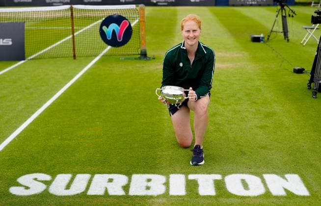 Winner Alison Van Uytvanck from Belgium with Trophy behind Surbiton Sign Lexus Surbiton Trophy, Day 7, Tennis, Surbiton Racket & Fitness Club, London, UK - 09 June 2024  Copyright: xDavexShopland Shutterstockx 14526576aj