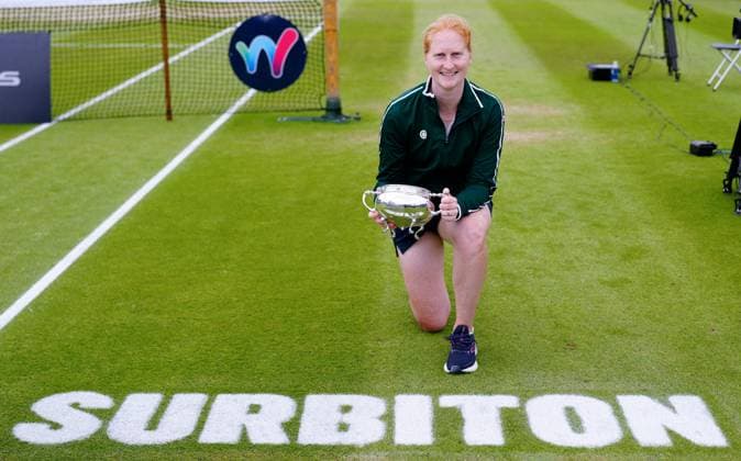 Winner Alison Van Uytvanck from Belgium behind Surbiton Sign Lexus Surbiton Trophy, Day 7, Tennis, Surbiton Racket & Fitness Club, London, UK - 09 June 2024  Copyright: xDavexShopland Shutterstockx 14526576bh