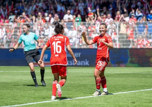 Soccer, Women, Season 2023 2024, Promotion match to 2 Bundesliga first leg , 1 FC Union Berlin SV Henstedt Ulzburg, f l Sarah Abu Sabbah 1 Women 1 FC Union , Dina Orschmann 1 Women 1 FC Union , Cheering after goal to 4 0, 09 06 2024, Copyright: xMatthiasxKochx