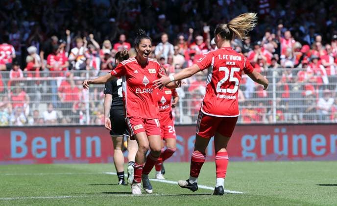 Sarah Abu Sabbah cheers after 5 0 with Dina Orschmann Joy Emotion Jubilation Sport Football Soccer Regionalliga Women Relegation to 2 Bundesliga DFL Season 2023 2024 09 06 2024 1 FC Union Berlin FCU vs SV Henstedt-Ulzburg DFL regulations prohibit any use of photographs as image sequences and or quasi video