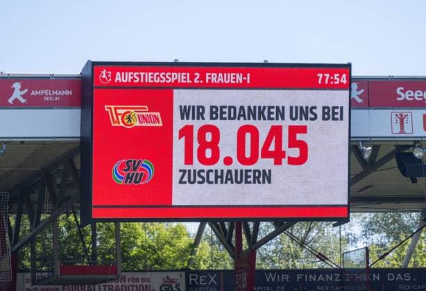 Soccer, Women, Season 2023 2024, Promotion match to 2 Bundesliga first leg , 1 FC Union Berlin SV Henstedt Ulzburg, Scoreboard with number of spectators 18045, 09 06 2024, Copyright: xMatthiasxKochx