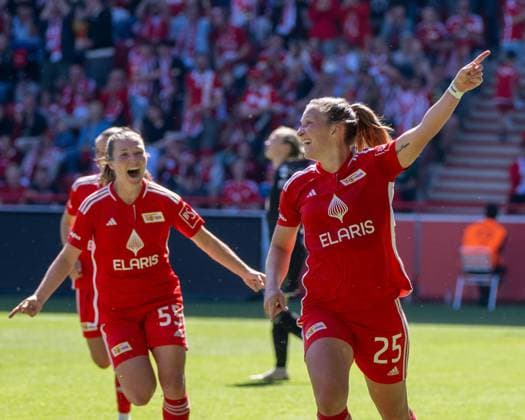 Soccer, Women, Season 2023 2024, Promotion match to 2 Bundesliga first leg , 1 FC Union Berlin SV Henstedt Ulzburg, f l Katja Orschmann 1 Women 1 FC Union , Dina Orschmann 1 Women 1 FC Union , Cheering after goal to 7 0, 09 06 2024, Copyright: xMatthiasxKochx