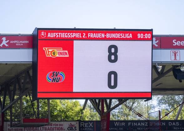Soccer, Women, Season 2023 2024, Promotion match to 2 Bundesliga first leg , 1 FC Union Berlin SV Henstedt Ulzburg, Scoreboard with 8 0 final score, 09 06 2024, Copyright: xMatthiasxKochx