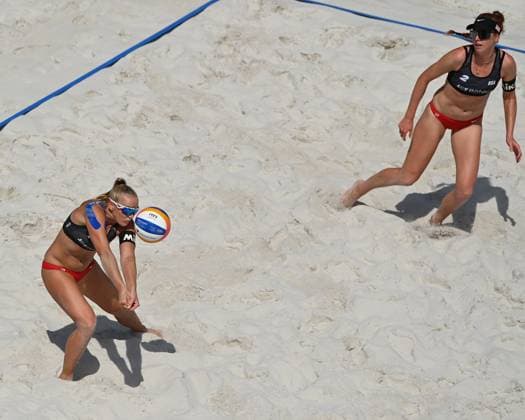 From left Sara Hughes, Kelly Cheng of USA in action during the Pro Tour Ostrava match Sara Hughes, Kelly Cheng of USA vs Melissa Humana-Paredes and Brandie Wilkerson of Canada in Ostrava, Czech Republic, June 9, 2024. (CTKxPhoto JaroslavxOzana) CTKPhotoP2024060903671  CTKPhotoP2024060903671