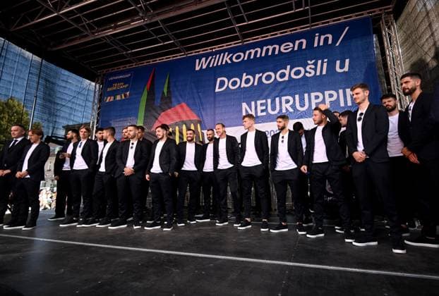 Croatia Squad UEFA EURO, EM, Europameisterschaft,Fussball 2024 Neuruppin Welcome party Croatia Squad arrive at Croatia national team, Nationalteam UEFA EURO 2024 Welcome party at Neuruppin s school square in Neuruppin, Germany on June 9, 2024. The Croatian Football Federation has chosen the Neuruppin base camp for the Croatia national team during EURO 2024. MarkoxLukunic PIXSELL
